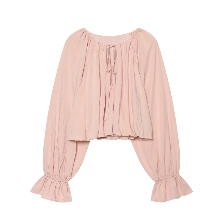 Women's Carmen Cropped Blouse with Drawstring Collar, Ruffled Hem and Balloon Sleeves Amarae