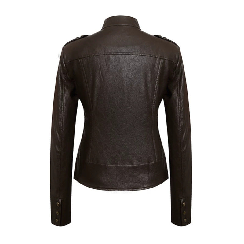 Women’s fitted leather jacket in military style with stand-up collar and decorative button placket Amarae