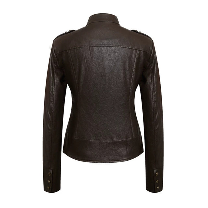 Women’s fitted leather jacket in military style with stand-up collar and decorative button placket Amarae