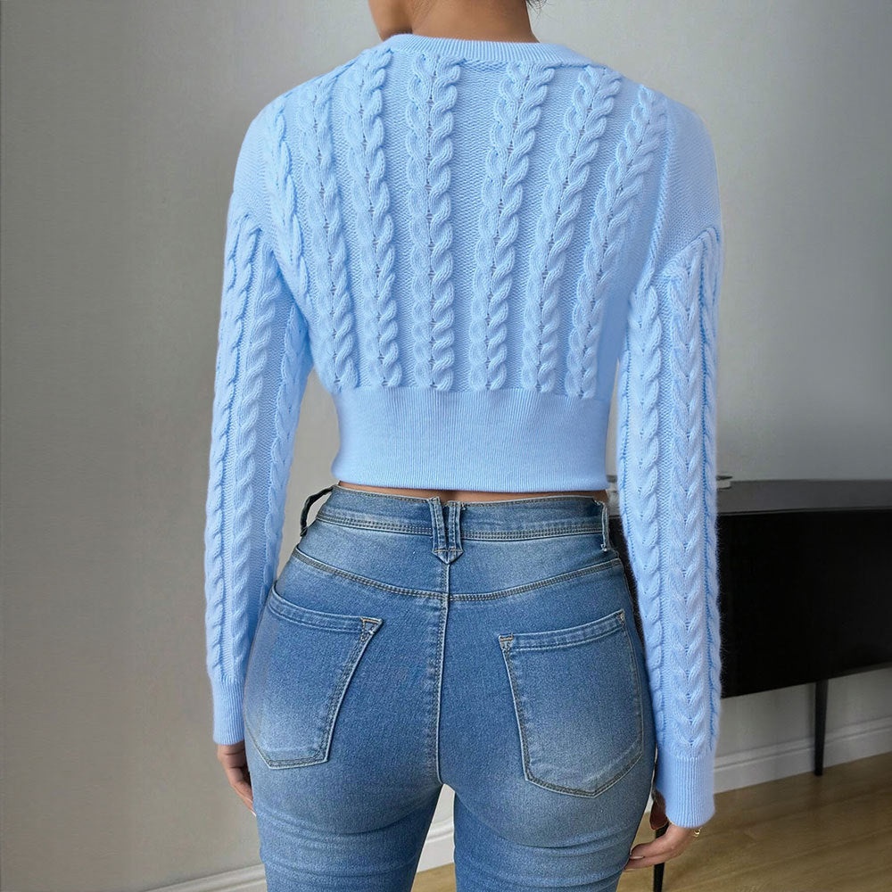 Top tricoté à-cut courte pour femmes avec motif en câble et manches longues Chic & Stil