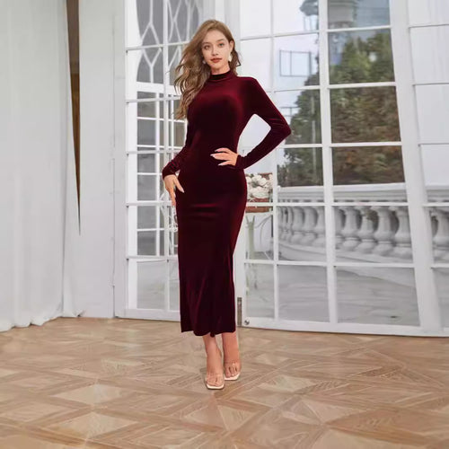 Ladies Elegant Maxi Dress in Velvet with High Neck and Chic Fitted Cut