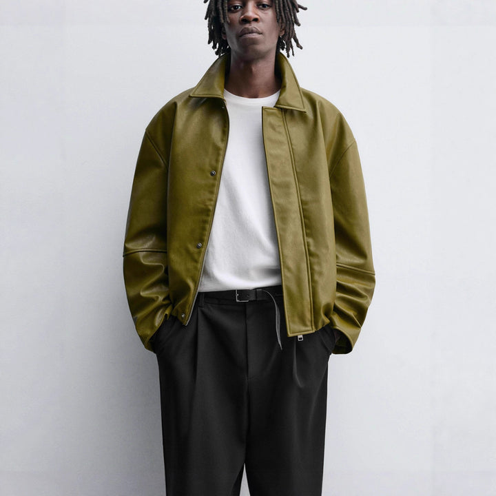 Men's Boxy Leather Blouson with Shirt Collar and Concealed Zipper Amarae