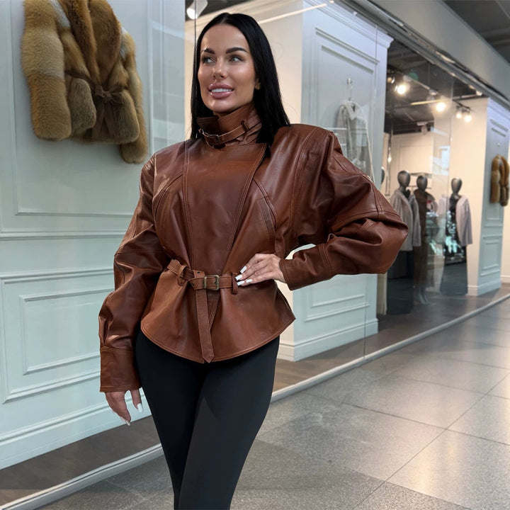 Women's tailored faux leather jacket with standing collar, neck strap, and figure-shaping waist belt Amarae