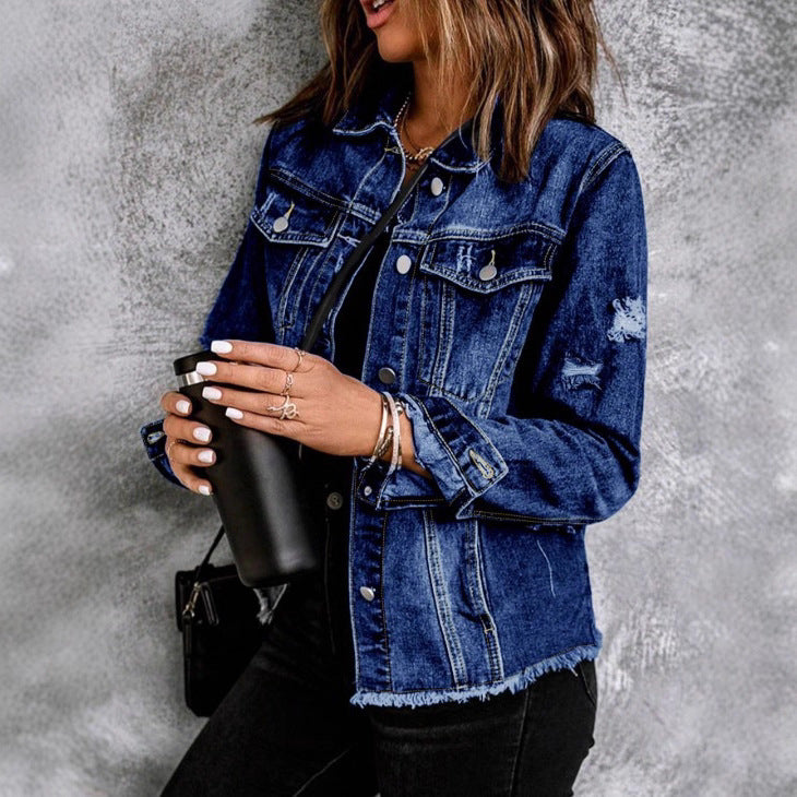 Women's Waist-Cinched Denim Trucker Jacket with Light Destroyed Effect and Fringed Hem Amarae
