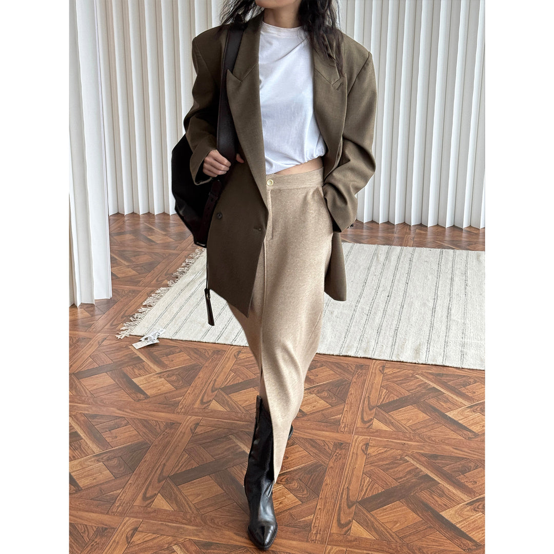 Ladies High-Waisted Knit Midi Skirt with Center Front Slit Amarae