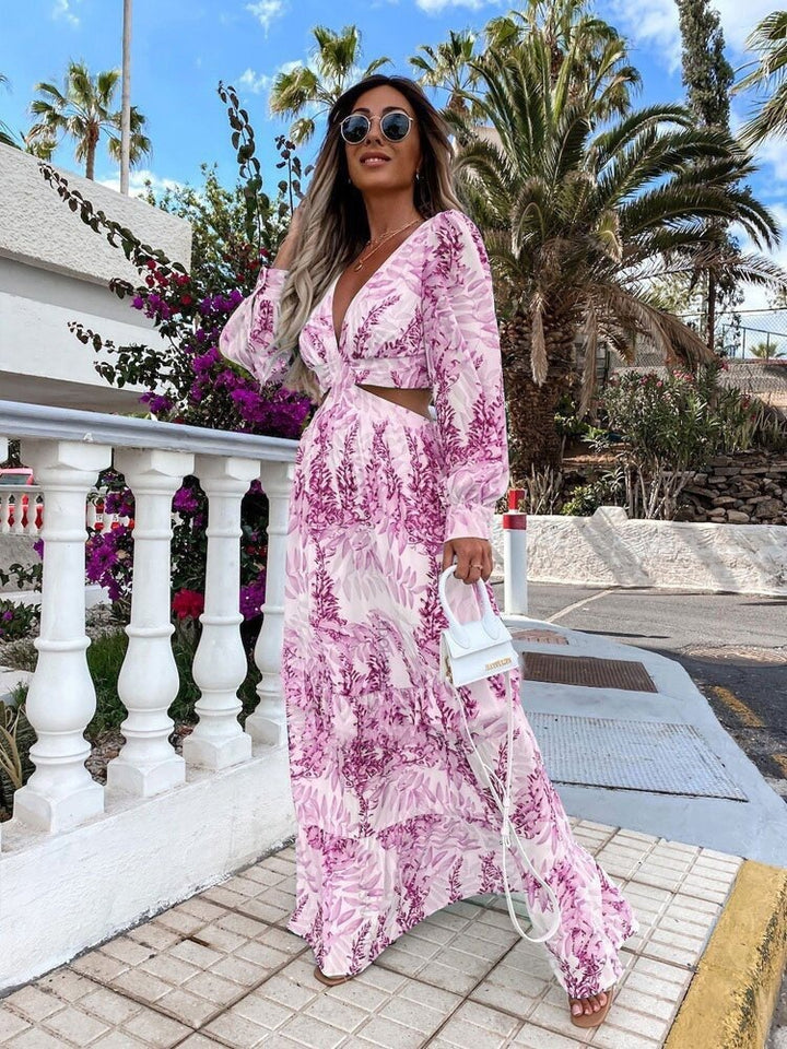 Maxi dress for women with floral cut and pretty ruffle details Lune London