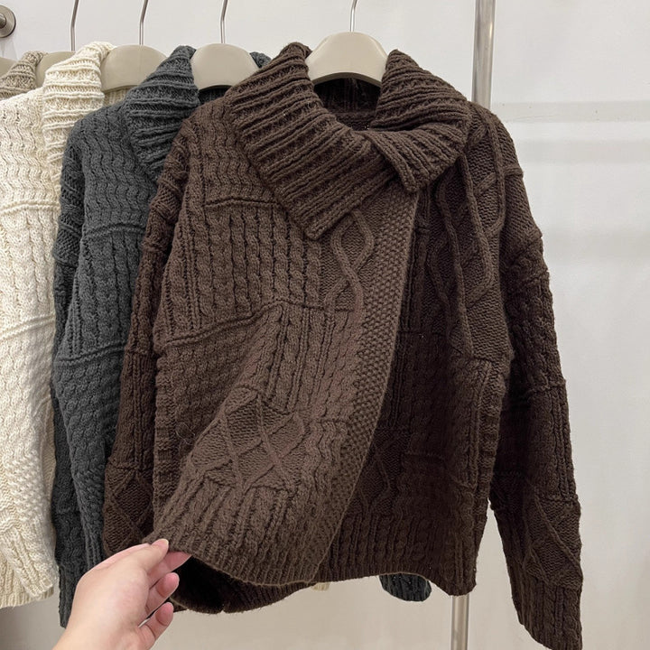 Cardigan femme en tricot épais avec col montant et motifs en torsades uniques Chic & Stil