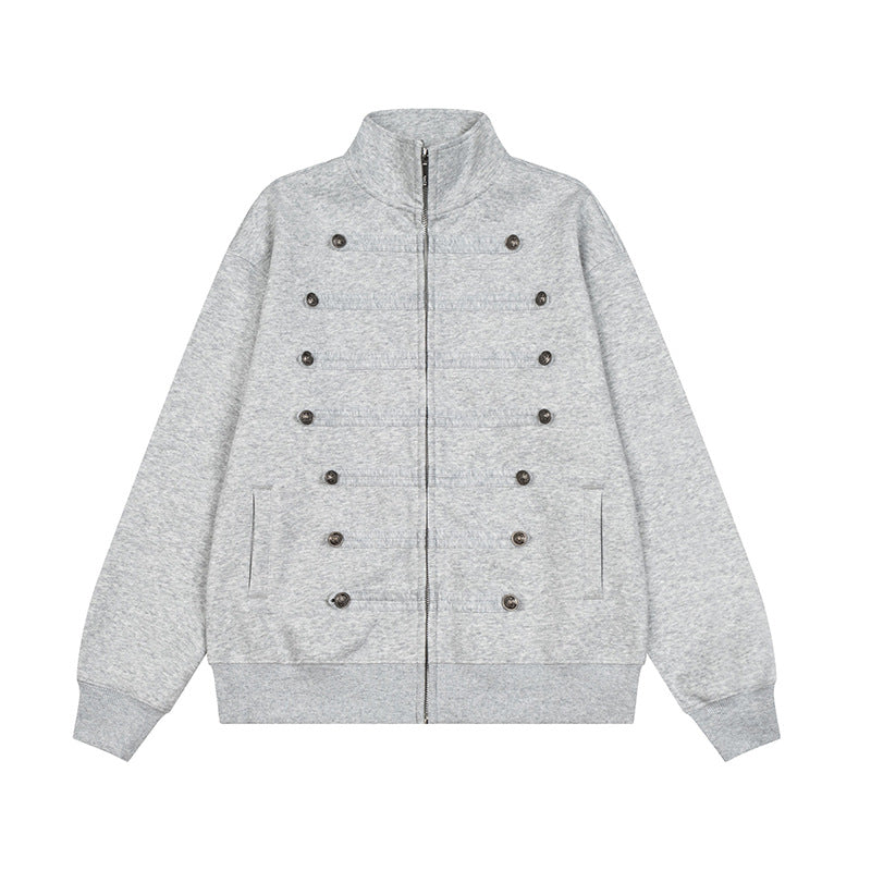 Men's Military-Inspired Sweat Jacket with Stand-Up Collar and Decorative Button Plackets Amarae