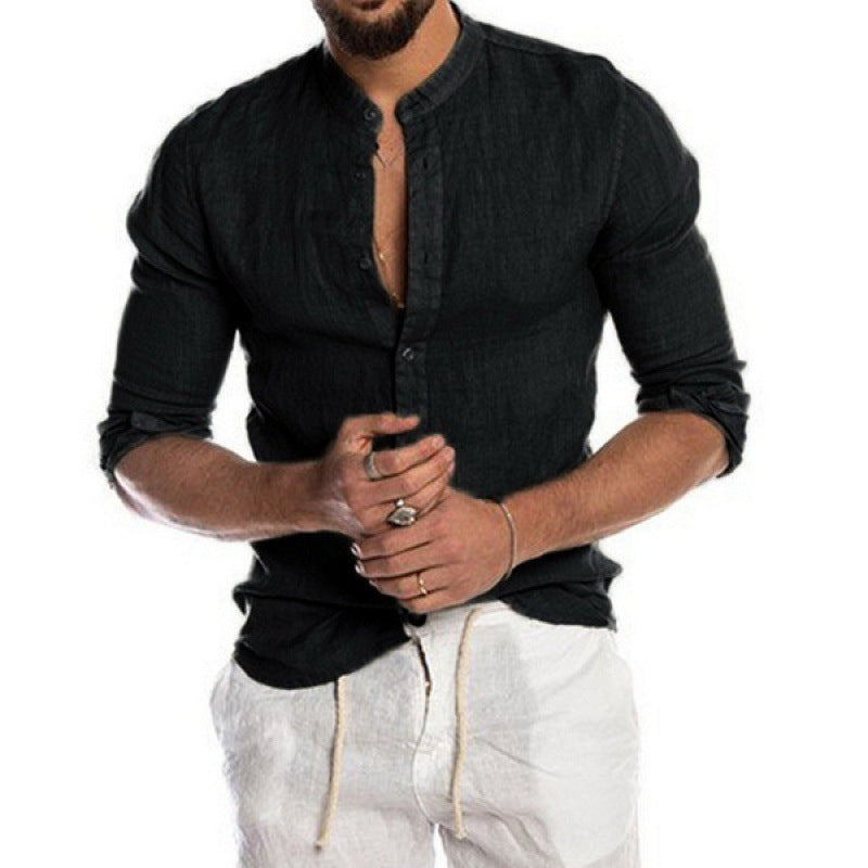 Men's Lightweight Linen Shirt with Stand-Up Collar, Slim Fit and Continuous Button Placket Amarae