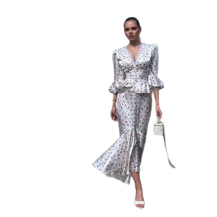 Women's Two-Piece Satin Set with Tailored Peplum Blouse & Mermaid Midi Skirt Amarae