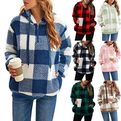Plaid hooded sweatshirt for women with zipper and kangaroo pocket Amarae