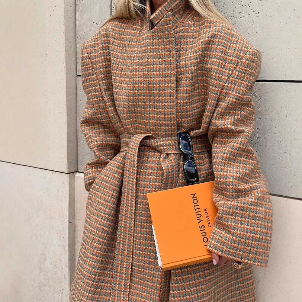 Ladies Oversize Wool Coat with Houndstooth Pattern and Waist Belt Amarae