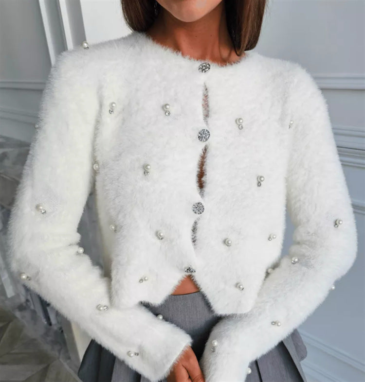 Ladies Plush Knit Sweater Jacket with Decorative Buttons and a Chic Elegant Cut