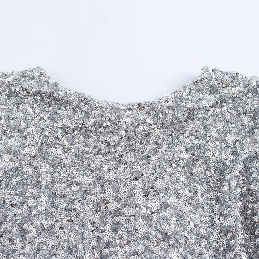 Women's Sequin Mini Dress with Long Sleeves and Boat Neck