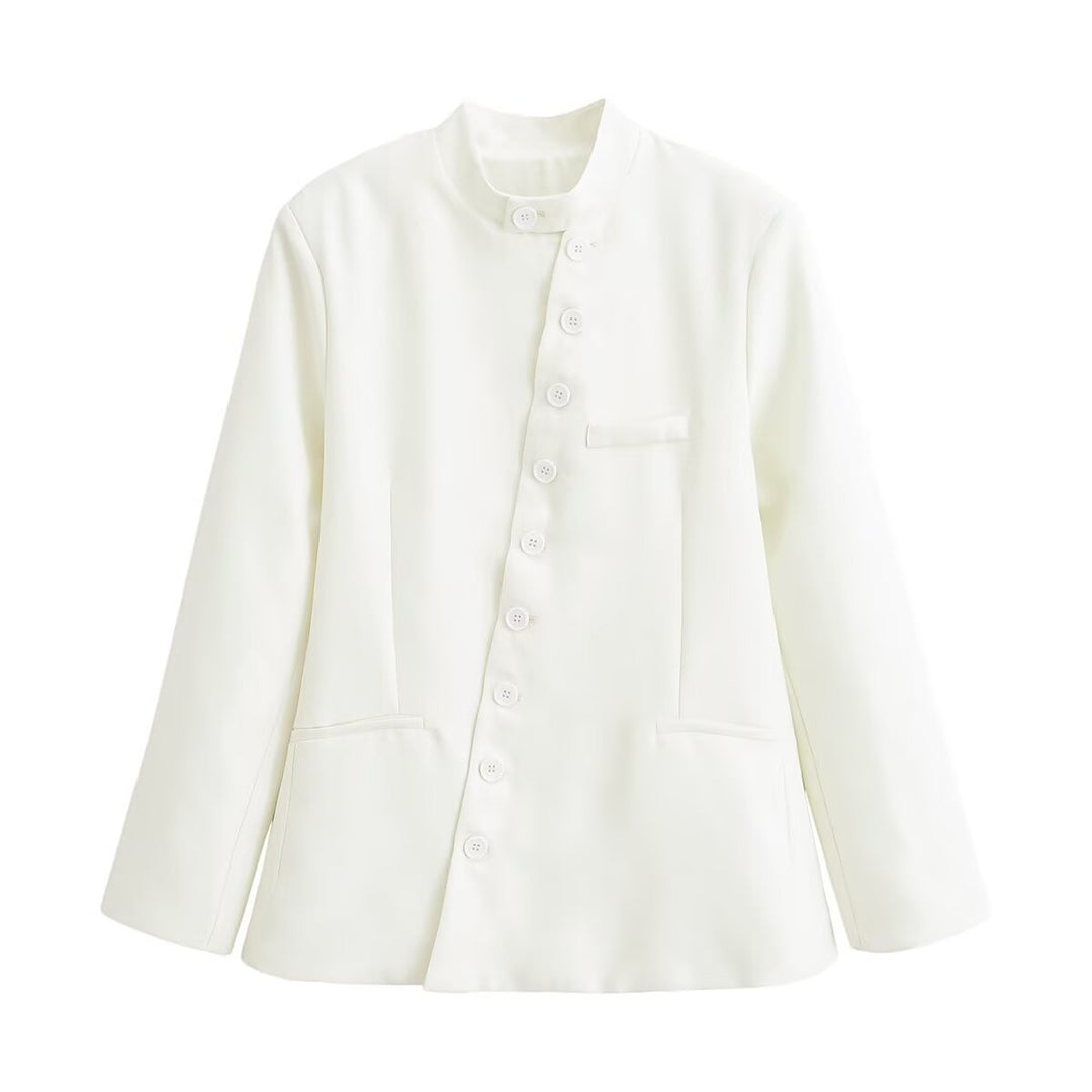 Women's asymmetrical buttoned short blazer with stand-up collar and patch pockets Amarae
