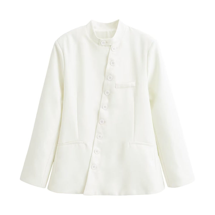 Women's asymmetrical buttoned short blazer with stand-up collar and patch pockets Amarae