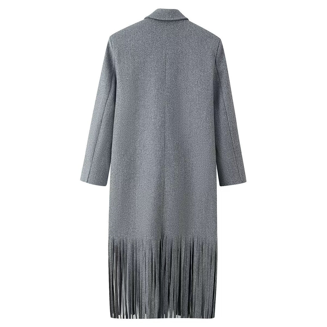 Women's Double-Breasted Wool Blend Coat with Fringe Hem and Draped Lapel Amarae