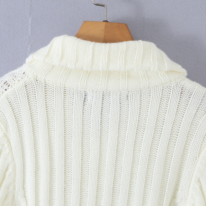 Ladies short knitted cardigan with stand-up collar, cable pattern, wooden button toggles and pockets Amarae
