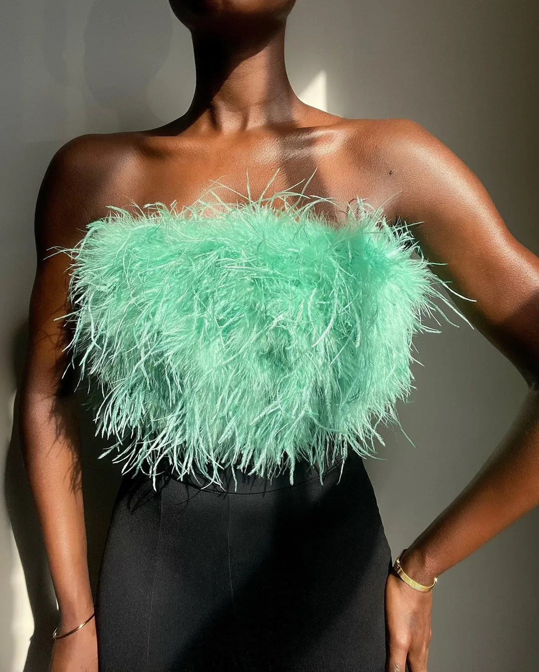 Women's Glamorous Plush Top with Removable Straps and Fringed Details Lune London
