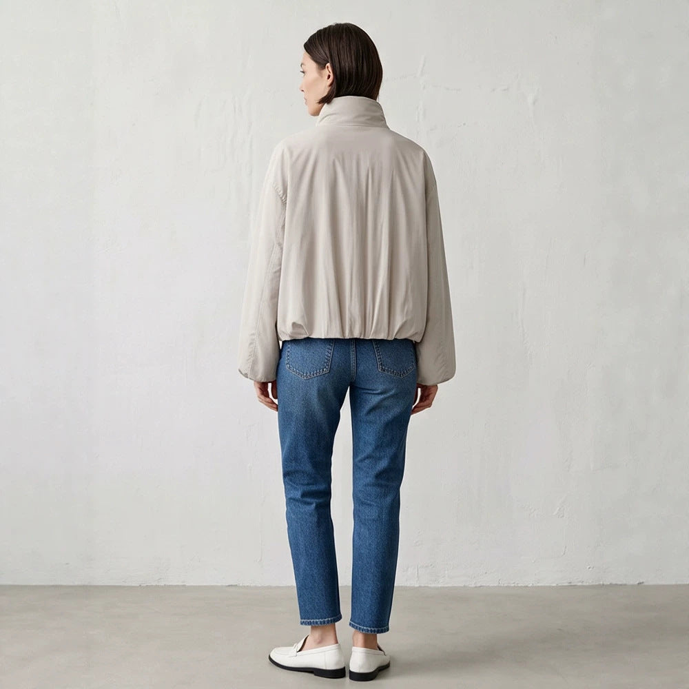 Women's Short Cut Stand Collar Bomber Jacket with Elastic Hem and Raglan Sleeves Amarae