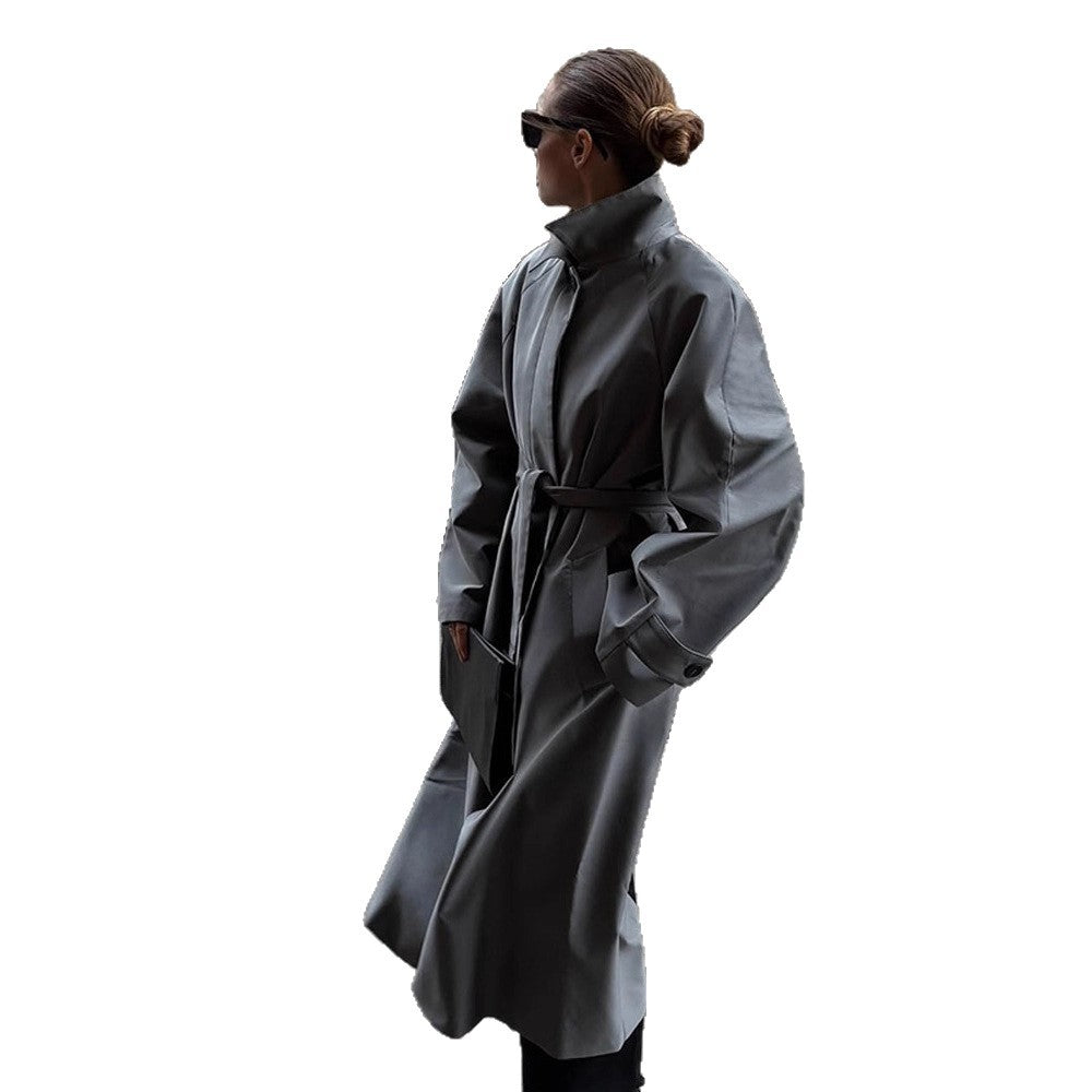 Women's Oversize Trench Coat with High Stand-Up Collar, Tie Belt and Hidden Button Placket Amarae