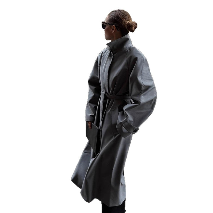 Women's Oversize Trench Coat with High Stand-Up Collar, Tie Belt and Hidden Button Placket Amarae