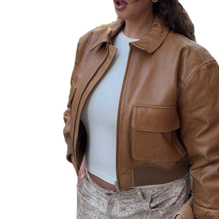 Women's Short Leather-Look Blouson Jacket with Large Flap Pockets and Ribbed Cuff Amarae