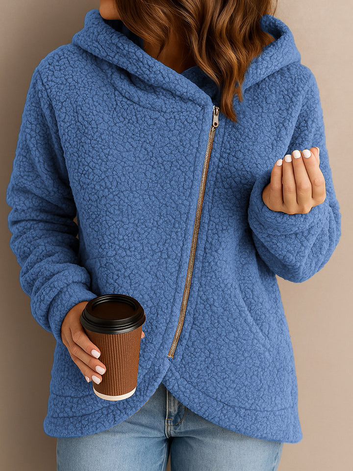 Ladies plush hooded jacket with asymmetrical zipper Lune London