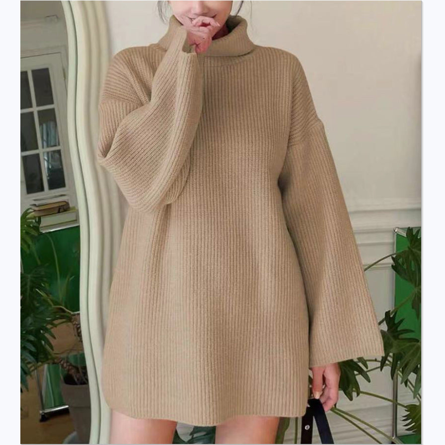 Ladies Long Knit Sweater with High Collar and Flared Sleeves Lune London