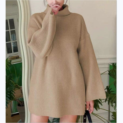 Ladies Long Knit Sweater with High Collar and Flared Sleeves Amarae