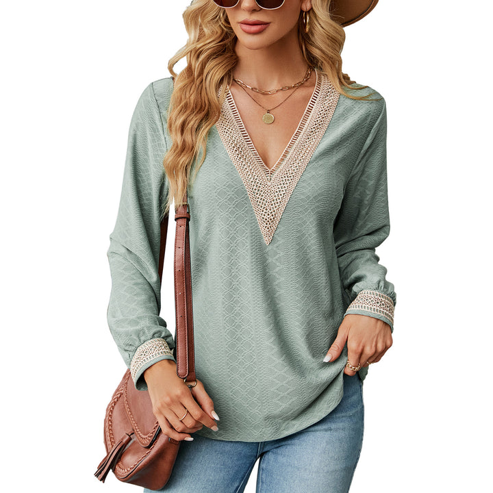 Long sleeve blouse shirt for women with decorative V-neck and crochet elements Lune London
