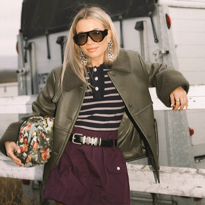 Ladies Short Aviator-Style Bomber Jacket with Teddy Lining and Boxy Silhouette Amarae