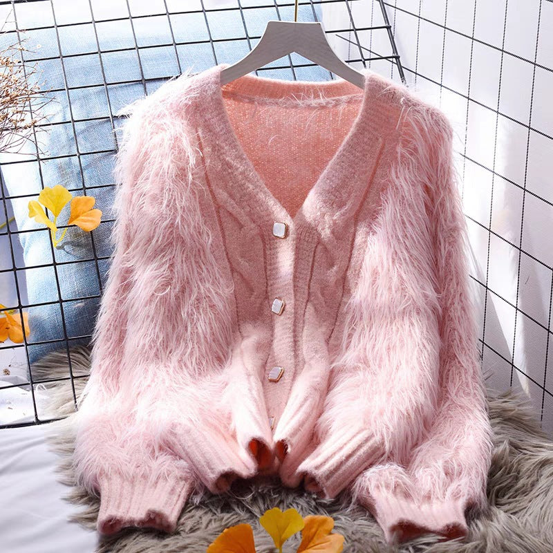 Knitted jacket for women with fluffy sleeves and button closure Lune London