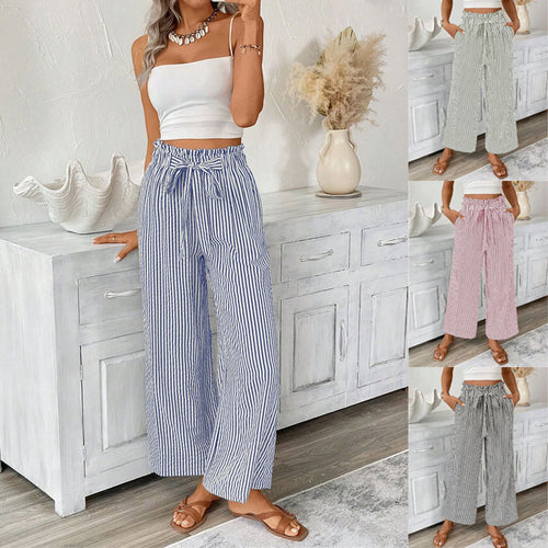 Wide striped leisure trousers for women with a tie belt Amarae