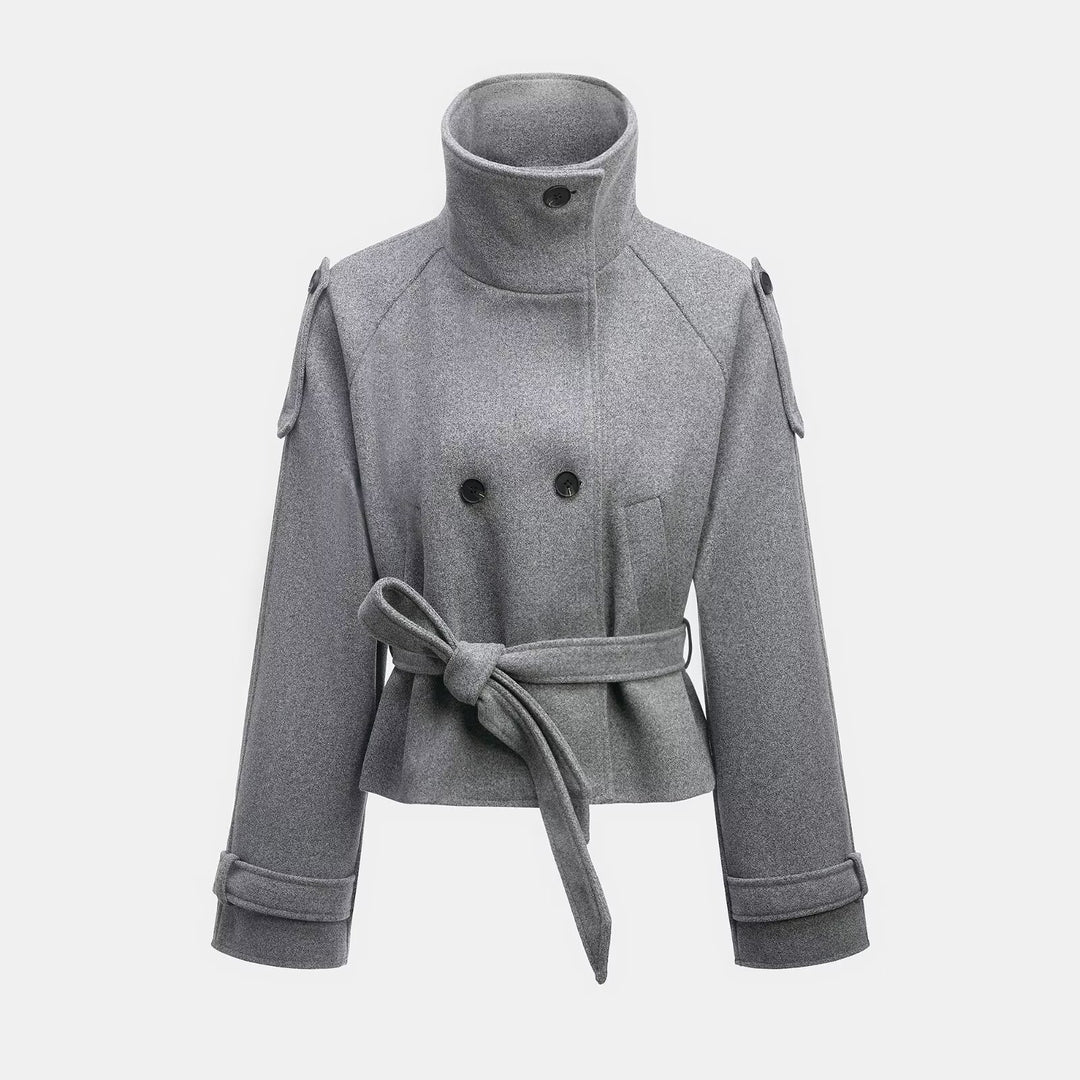 Women's Cropped Wool Blend Short Coat with High Stand-up Collar, Epaulettes, and Waist Belt Amarae
