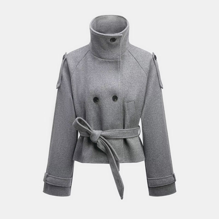 Women's Cropped Wool Blend Short Coat with High Stand-up Collar, Epaulettes, and Waist Belt Amarae