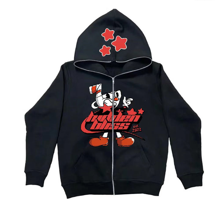 Cool hoodie for women with colorful graphic print and practical zipper Lune London