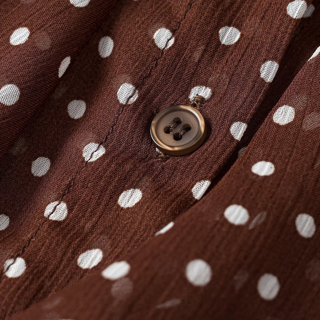 Women's semi-transparent chiffon blouse with dots, ruffle details and bow collar Amarae