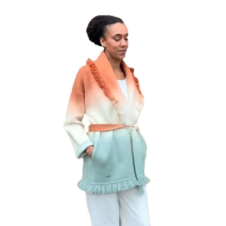 Women's Gradient Knit Cardigan with Fringes and Shawl Collar Amarae