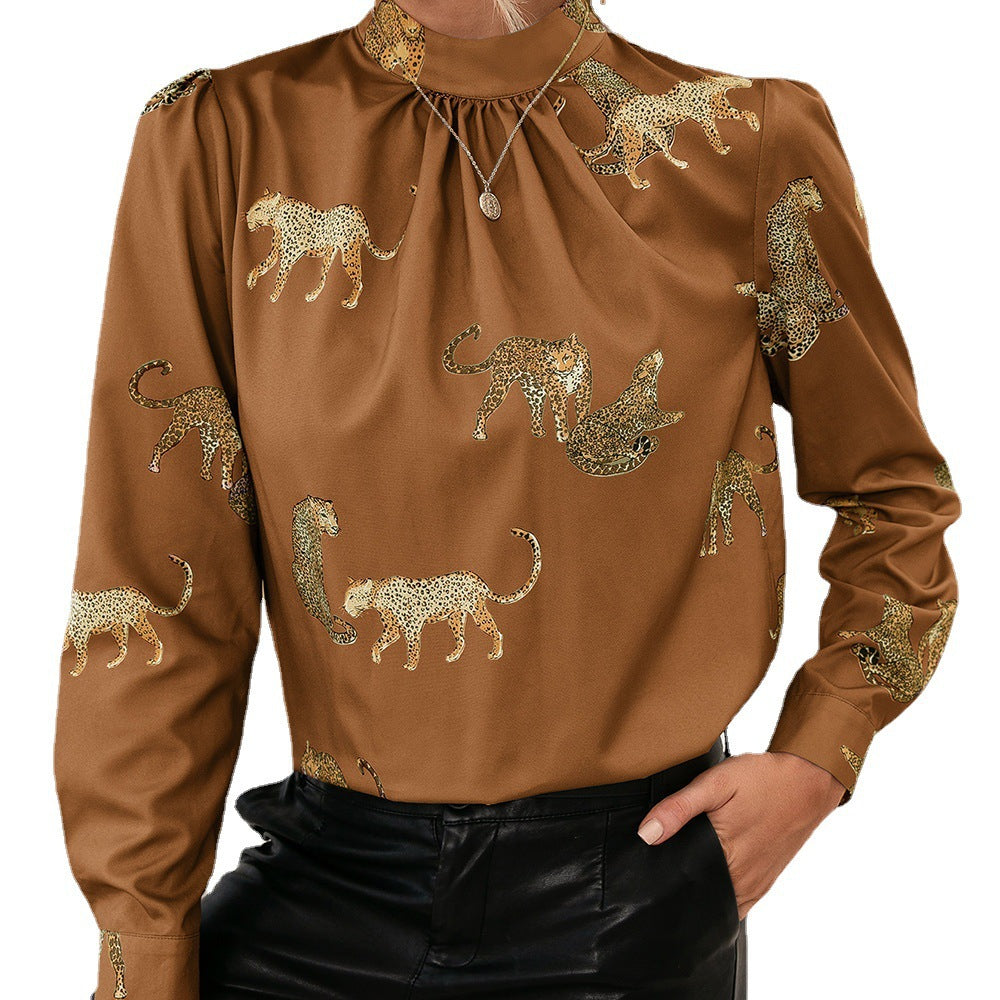 Women's blouse with glamorous animal print and elegant high collar Lune London