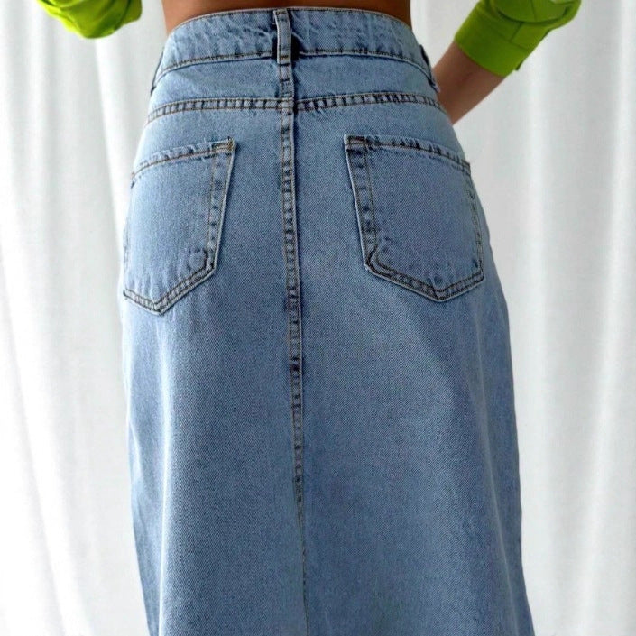 Ladies High-Waisted Maxi Denim Skirt with Asymmetrical Front Seam and Frayed Hem Amarae