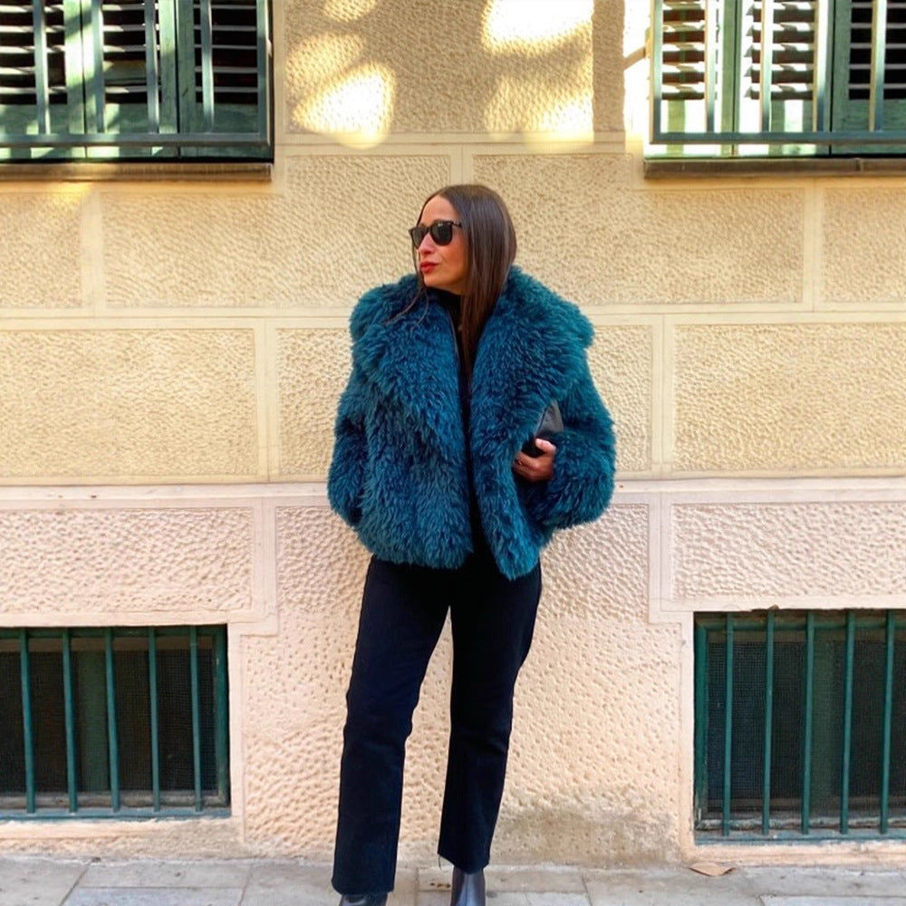 Women's Short Textured Faux Fur Coat with Voluminous Shawl Collar Amarae