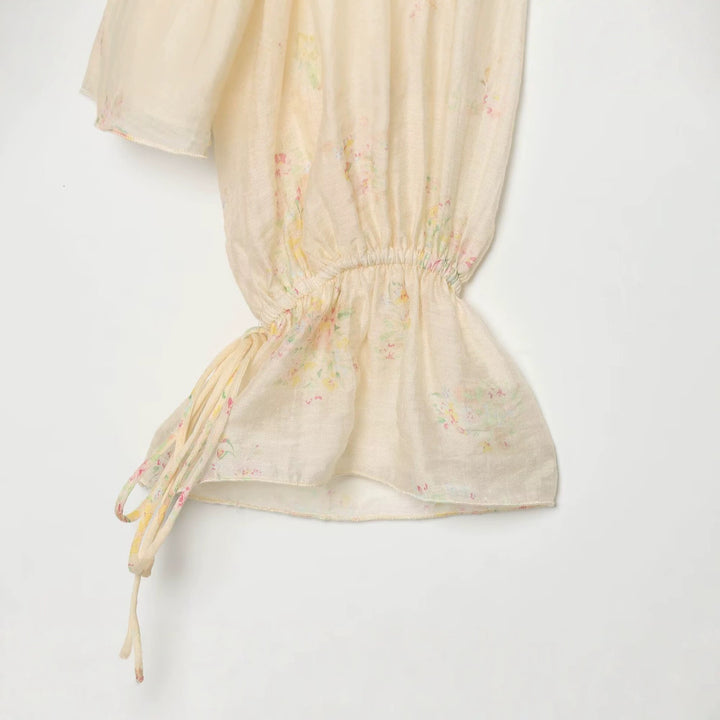 Women's chiffon blouse with ruffle front, tie cuffs and gathered sleeves Amarae