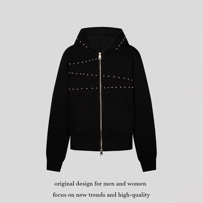 Women's hooded sweat jacket with studded accents, full-length zipper, and kangaroo pockets Amarae
