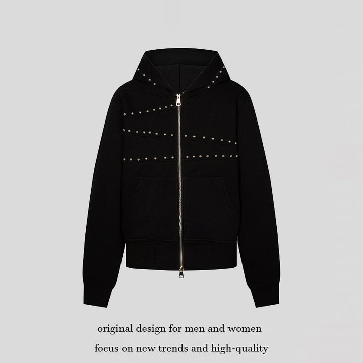 Women's hooded sweat jacket with studded accents, full-length zipper, and kangaroo pockets Amarae