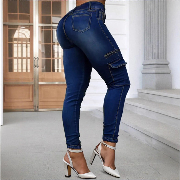 Women's High-Waisted Skinny Jeans with Cargo Zipper Pockets & Button Closure Amarae