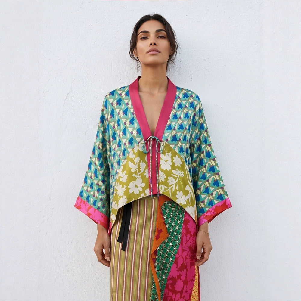 Women's Patchwork Kimono Top made of silk blend with deep V-neck and tie belt Amarae