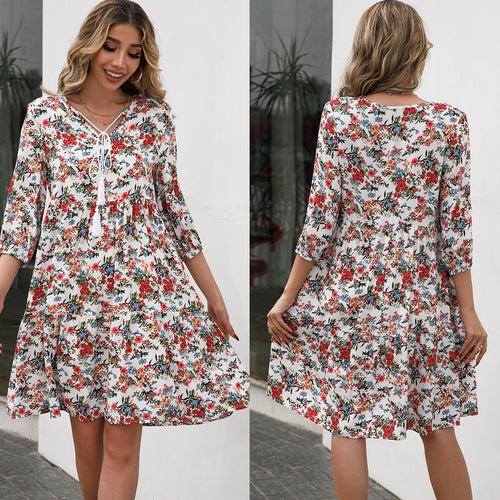 Light floral dresses for women with ruffle details and tie Amarae