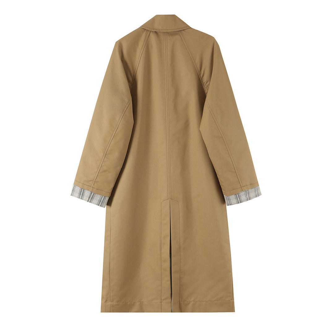 Women's Reversible Trench Coat with Raglan Sleeves, Checked Lining and Hidden Button Placket Amarae