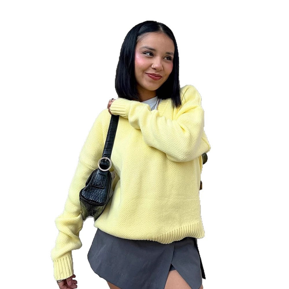 Women Oversize V-Neck Fine Knit Sweater with Structured Stitch Look and Ribbed Cuffs Amarae